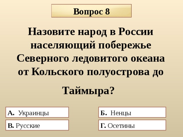 Вопрос 8 Назовите народ в России населяющий побережье Северного ледовитого океана от Кольского полуострова до Таймыра?   А. Украинцы Б. Ненцы В. Русские  Г. Осетины