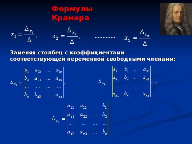 Формулы Крамера ………… . Заменяя столбец с коэффициентами соответствующей переменной свободными членами: 