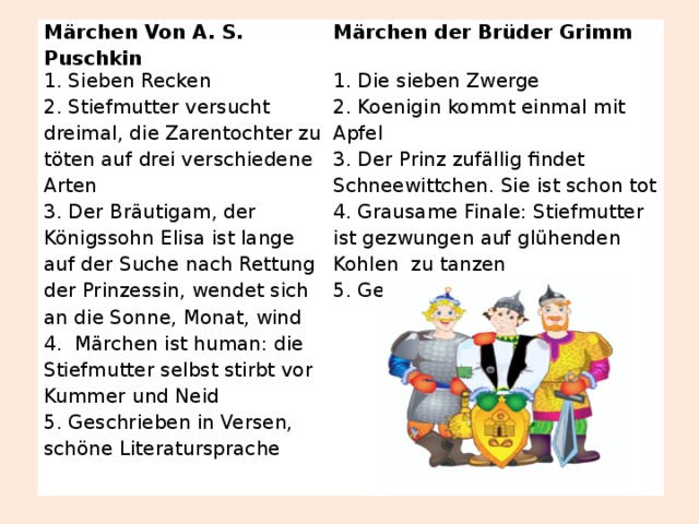 Märchen Von A. S. Puschkin Märchen der Brüder Grimm 1. Sieben Recken 2. Stiefmutter versucht dreimal, die Zarentochter zu töten auf drei verschiedene Arten 1. Die sieben Zwerge 2. Koenigin kommt einmal mit Apfel 3. Der Bräutigam, der Königssohn Elisa ist lange auf der Suche nach Rettung der Prinzessin, wendet sich an die Sonne, Monat, wind 4. Märchen ist human: die Stiefmutter selbst stirbt vor Kummer und Neid 3. Der Prinz zufällig findet Schneewittchen. Sie ist schon tot 5. Geschrieben in Versen, schöne Literatursprache 4. Grausame Finale: Stiefmutter ist gezwungen auf glühenden Kohlen zu tanzen 5. Geschrieben in Prosa 