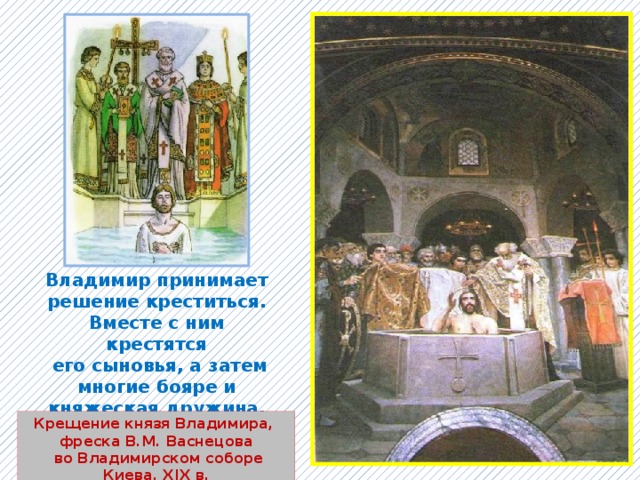 Владимир принимает решение креститься. Вместе с ним крестятся  его сыновья, а затем многие бояре и княжеская дружина. Крещение князя Владимира, фреска В.М. Васнецова  во Владимирском соборе Киева. XIX в. 
