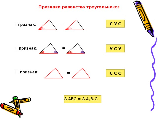 Признаки равенства треугольн иков С У С = I признак: II признак: III признак: У С У = С С С = Δ АВС = Δ А 1 В 1 С 1  