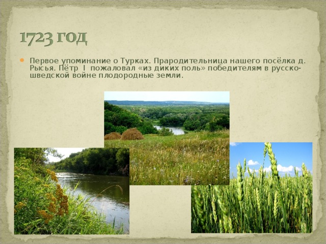 Первое упоминание о Турках. Прародительница нашего посёлка д. Рысья. Пётр I пожаловал «из диких поль» победителям в русско-шведской войне плодородные земли. 