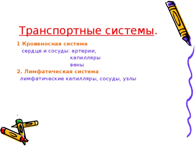 Транспортные системы . 1 Кровеносная система  сердце и сосуды: артерии,  капилляры  вены 2. Лимфатическая система  лимфатические капилляры, сосуды, узлы   , 