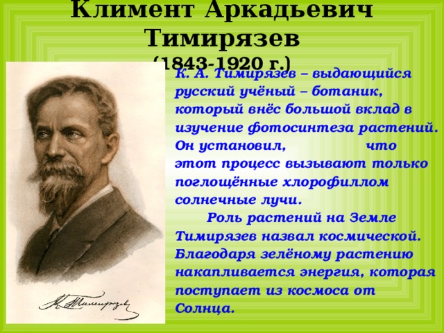 Климент Аркадьевич Тимирязев  (1843-1920 г.) К. А. Тимирязев – выдающийся русский учёный – ботаник, который внёс большой вклад в изучение фотосинтеза растений. Он установил, что этот процесс вызывают только поглощённые хлорофиллом солнечные лучи. Роль растений на Земле Тимирязев назвал космической. Благодаря зелёному растению накапливается энергия, которая поступает из космоса от Солнца. 