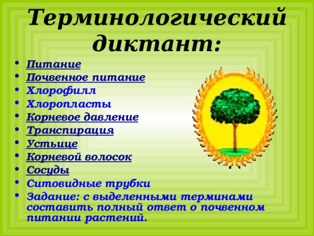 Терминологический диктант: Питание Почвенное питание Хлорофилл Хлоропласты Корневое давление Транспирация Устьице Корневой волосок Сосуды Ситовидные трубки Задание: с выделенными терминами составить полный ответ о почвенном питании растений. 