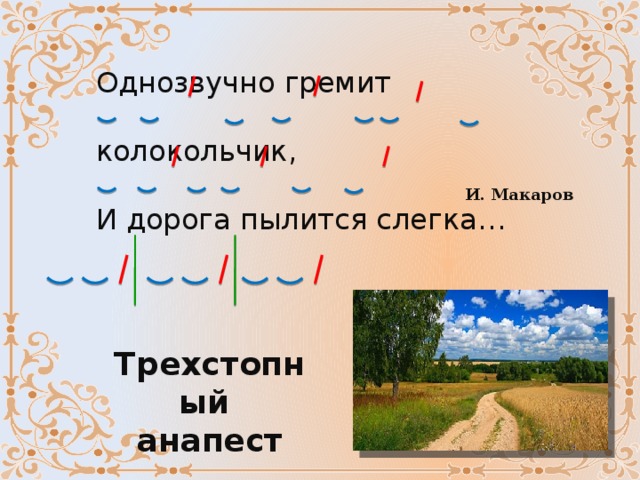 Однозвучно гремит колокольчик, И дорога пылится слегка… И. Макаров Трехстопный анапест 