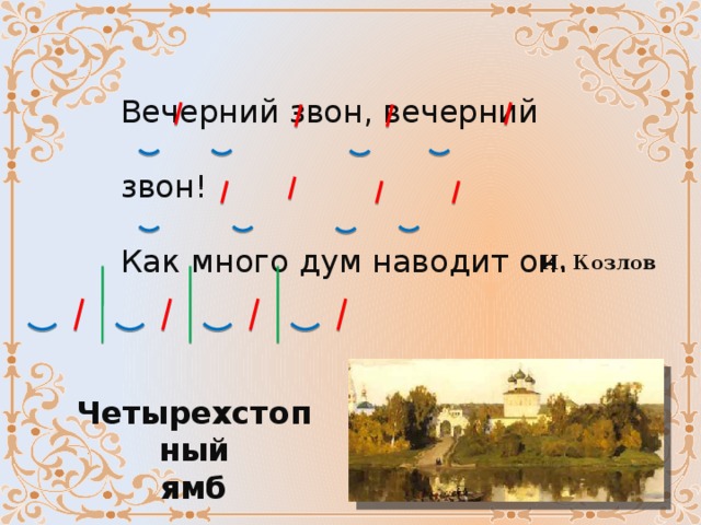 Вечерний звон, вечерний звон! Как много дум наводит он. И. Козлов Четырехстопный ямб 