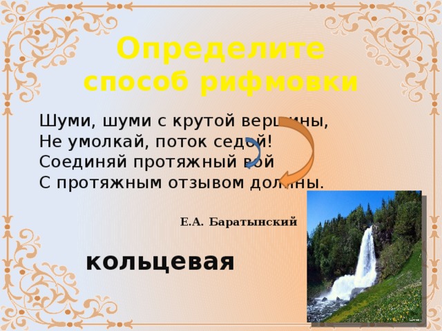 Определите способ рифмовки Шуми, шуми с крутой вершины,  Не умолкай, поток седой!  Соединяй протяжный вой  С протяжным отзывом долины.    Е.А. Баратынский кольцевая 