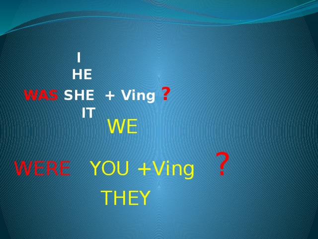  I  HE   WAS SHE + Ving ?  IT    WE WERE YOU +Ving ?   THEY 