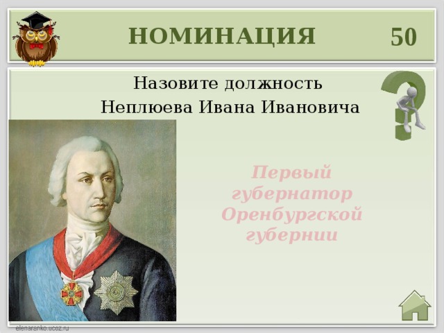 50 НОМИНАЦИЯ Назовите должность Неплюева Ивана Ивановича Первый губернатор Оренбургской губернии 