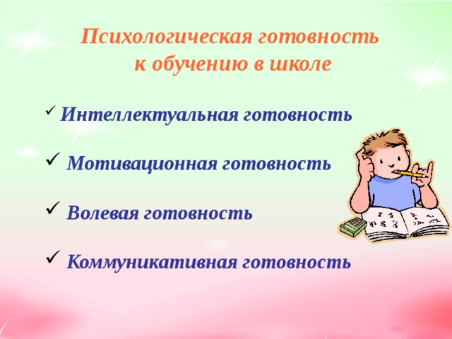 Психологическая готовность к обучению в школе   Интеллектуальная готовность   Мотивационная готовность   Волевая готовность   Коммуникативная готовность     