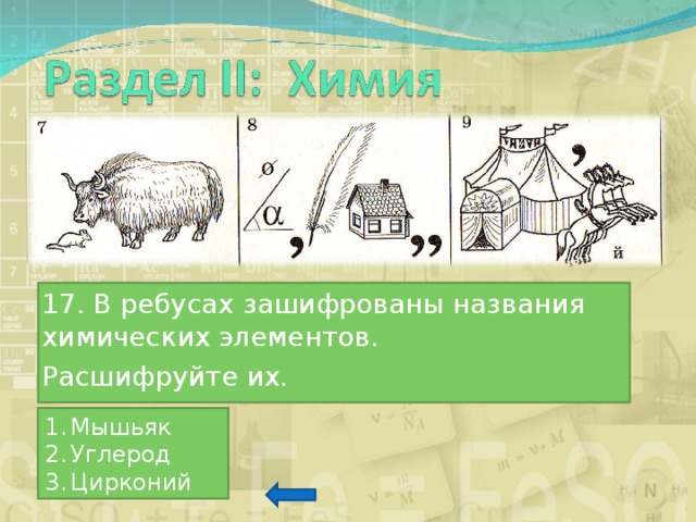 17 . В ребусах зашифрованы названия химических элементов. Расшифруйте их. Мышьяк Углерод Цирконий 