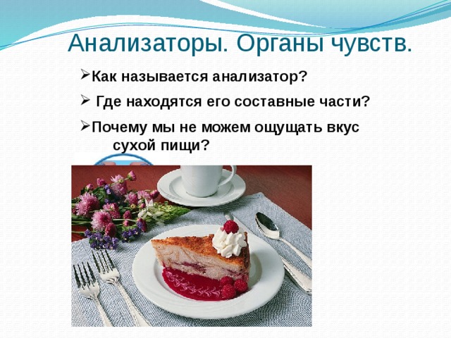 Анализаторы. Органы чувств. Как называется анализатор?  Где находятся его составные части? Почему мы не можем ощущать вкус  сухой пищи? 