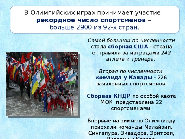 В Олимпийских играх принимает участие рекордное число спортсменов – больше 2900 из 92-х стран. Самой большой по численности стала сборная США - страна отправила за наградами 242 атлета и тренера .   Вторая по численности команда у Канады - 226 заявленных спортсменов.   Сборная КНДР по особой квоте МОК представлена 22 спортсменами.   Впервые на зимнюю Олимпиаду приехали команды Малайзии, Сингапура, Эквадора, Эритреи, Нигерии и Косово. 