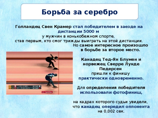 Борьба за серебро Голландец Свен Крамер стал победителем в заезде на дистанции 5000 м у мужчин в конькобежном спорте, став первым, кто смог трижды выиграть на этой дистанции. Но самое интересное произошло в борьбе за второе место. Канадец Тед-Ян Блумен и норвежец Сверре Лунде Педерсен  пришли к финишу практически одновременно. Для определения победителя использовали фотофиниш,  на кадрах которого судьи увидели, что канадец опередил оппонента на 0,002 сек. 