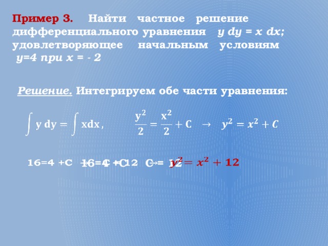 Пример 3.  Найти частное решение дифференциального уравнения y dу = x dх; удовлетворяющее начальным условиям у=4 при х = - 2 Решение. Интегрируем обе части уравнения:   16=4 +C C = 12   