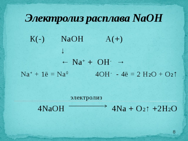 Электролиз расплава NaOH  К(-)   NaOH    А(+)    ↓ ← Na + + OH - → Na + + 1ē = Na 0 4OH - - 4ē = 2 H 2 O + O 2 ↑  электролиз  4NaOH 4Na + O 2 ↑ +2H 2 O  