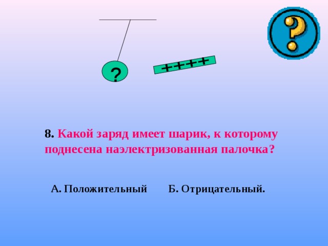 8. Какой заряд имеет шарик, к которому поднесена наэлектризованная палочка?  А. Положительный Б. Отрицательный. 