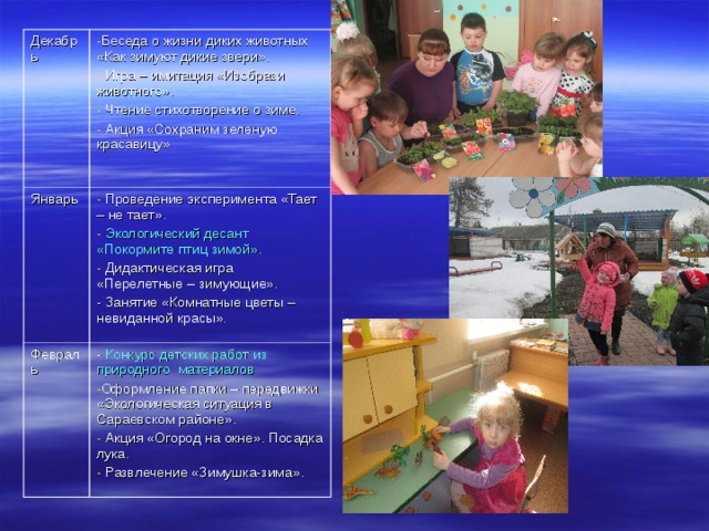 Декабрь Беседа о жизни диких животных «Как зимуют дикие звери».  Игра – имитация «Изобрази животного».  Чтение стихотворение о зиме.  Акция «Сохраним зеленую красавицу»  Январь  Проведение эксперимента «Тает – не тает».  Экологический десант «Покормите птиц зимой».  Дидактическая игра «Перелетные – зимующие». Февраль - Занятие «Комнатные цветы – невиданной красы». - Конкурс детских работ из природного материалов Оформление папки – передвижки «Экологическая ситуация в Сараевском районе».  Акция «Огород на окне». Посадка лука.  Развлечение «Зимушка-зима». 
