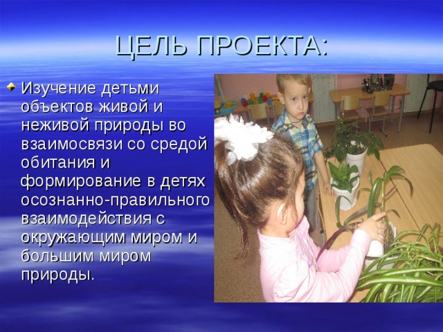 ЦЕЛЬ ПРОЕКТА : Изучение детьми объектов живой и неживой природы во взаимосвязи со средой обитания и формирование в детях осознанно-правильного взаимодействия с окружающим миром и большим миром природы. 
