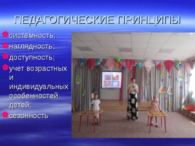 ПЕДАГОГИЧЕСКИЕ ПРИНЦИПЫ системность; наглядность; доступность; учет возрастных и индивидуальных особенностей детей; сезонность 