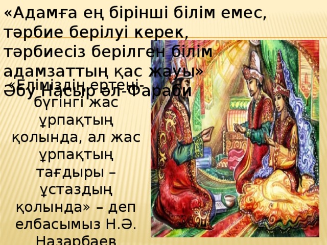 «Адамға ең бірінші білім емес, тәрбие берілуі керек,  тәрбиесіз берілген білім адамзаттың қас жауы»  Әбу Насыр әл-Фараби «Елiмiздiң ертеңі-бүгiнгi жас ұрпақтың қолында, ал жас ұрпақтың тағдыры – ұстаздың қолында» – деп елбасымыз Н.Ә. Назарбаев айтқандай бiлiмдi, жан-жақты қабілетті ұрпақты тәрбиелеуде ұстаздар еңбегі зор .  