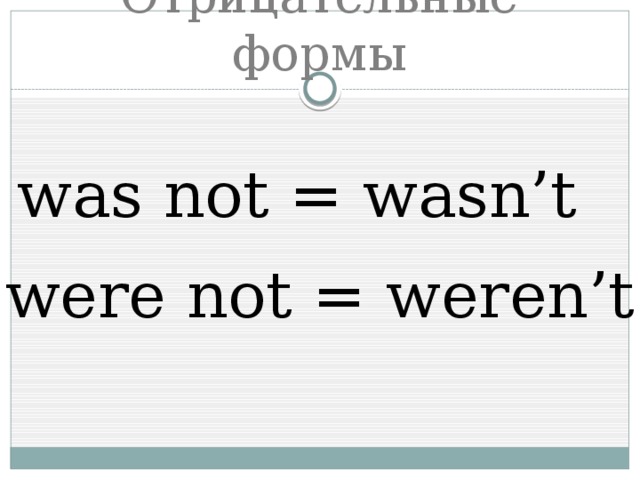 Отрицательные формы was not = wasn’t were not = weren’t 