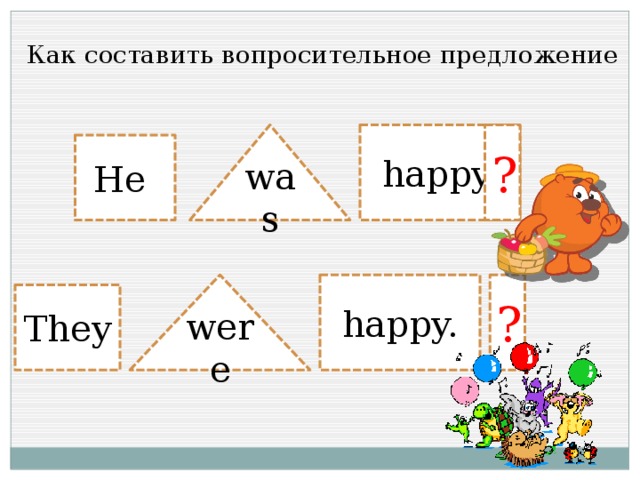 Как составить вопросительное предложение was happy. ? He were happy. ? They 