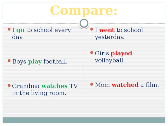 Compare: I go  to school every day I went to school yesterday. Girls played volleyball. Boys play football. Mom watched a film. Grandma watches TV in the living room. 