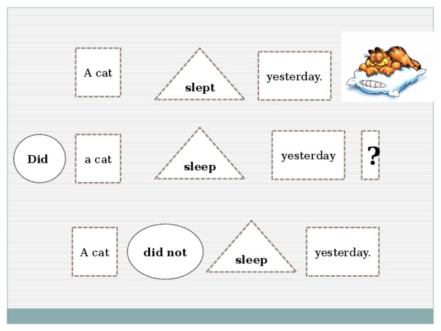 slept A cat yesterday. sleep yesterday ? a cat Did sleep did not yesterday. A cat 