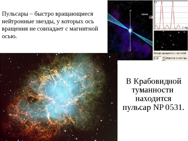Пульсары – быстро  вращающиеся нейтронные звезды, у которых ось вращения не совпадает с магнитной осью.      В Крабовидной туманности находится пульсар NP 0531. 