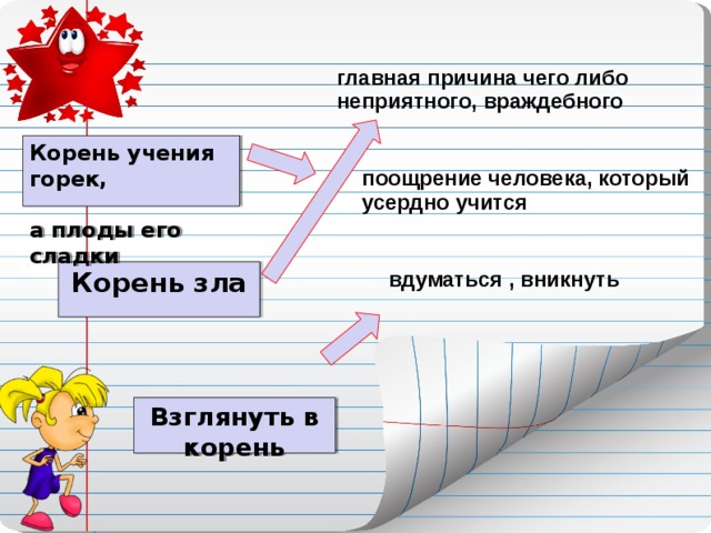 главная причина чего либо неприятного, враждебного Корень учения горек, а плоды его сладки   поощрение человека, который усердно учится Корень зла вдуматься , вникнуть Взглянуть в корень  