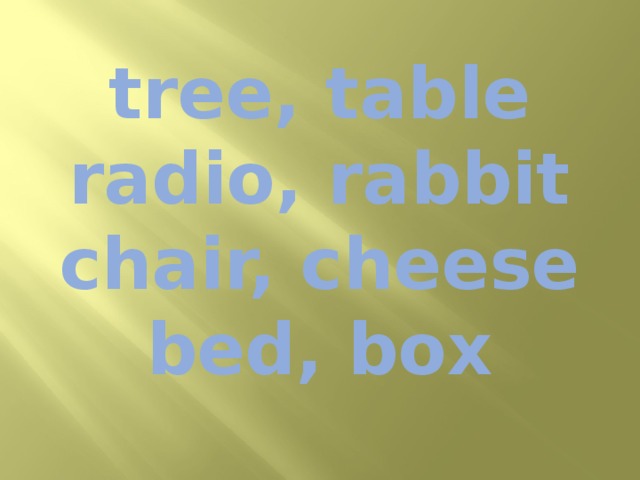 tree, table  radio, rabbit  chair, cheese  bed, box 