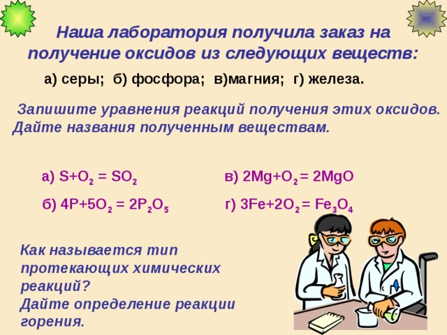 Наша лаборатория получила заказ на получение оксидов из следующих веществ: а) серы; б) фосфора; в)магния; г) железа.  Запишите уравнения реакций получения этих оксидов. Дайте названия полученным веществам. в) 2Mg+O 2 = 2MgO а) S+O 2 = SO 2  б ) 4P+5O 2 = 2P 2 O 5  г) 3Fe+2O 2 = Fe 3 O 4 Щелкнуть по подчеркнутым словам. Как называется тип протекающих химических реакций? Дайте определение реакции горения . 9 