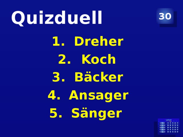 Quizduell 30 Dreher Koch Bäcker Ansager Sänger
