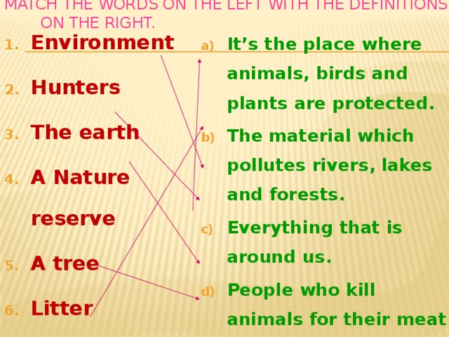 Match the words on the left with the definitions on the right.   Environment Hunters The earth A Nature reserve A tree Litter It’s the place where animals, birds and plants are protected. The material which pollutes rivers, lakes and forests. Everything that is around us. People who kill animals for their meat and fur. A planet where we live. Plants which give us fruits .  
