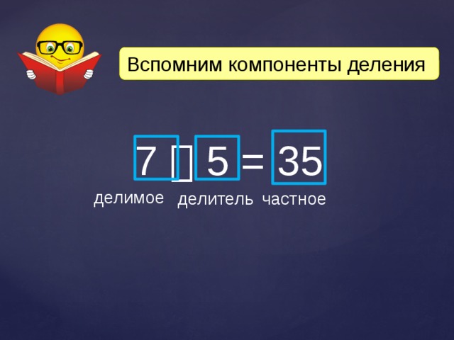 Вспомним компоненты деления 7  5 = 35 делимое делитель частное 