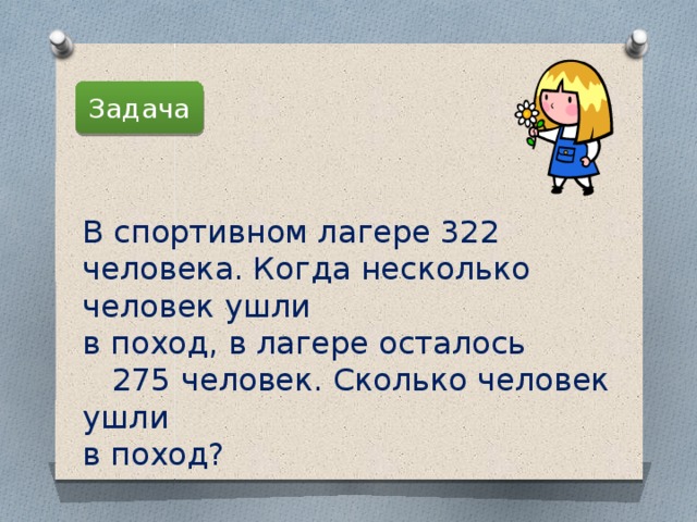 Задача В спортивном лагере 322 человека. Когда несколько человек ушли в поход, в лагере осталось 275 человек. Сколько человек ушли в поход? 