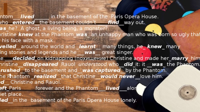 The Phantom ___ lived ______ in the basement of the Paris Opera House. People who _ entered __ the basement couldn’t ____ find __way out. Who _ was _ he? A ghost, a living being, a monster? Only Christine knew at the Phantom_ was _ an unhappy man who was born so ugly that he had to cover his face with a mask. He _ travelled _ _around the world and _ learnt __ many things, he_  knew _ many fascinating stories and legends and he ___ was _ _ great singer. At last he ___ decided _on kidnapping (похищение) Christine and made her_ marry _him. When Christine__ disappeared Rauol understood who__ did _it: it __ was _ the Phantom. Rauol __ rushed __to the basement and__ was captured __by the Phantom. Later the Phantom _ realized __that Christine__ would never __love him. He_ freed __ Christine and Rauol. They__ left _Paris forever and the Phantom___ l ived ___alone I in a quiet place. He ___ died __in the basement of the Paris Opera House lonely.           !