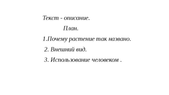 Текст - описание.   План. 1.Почему растение так названо.  2. Внешний вид.  3. Использование человеком . 