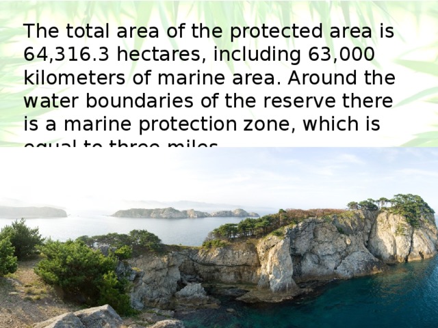 The total area of the protected area is 64,316.3 hectares, including 63,000 kilometers of marine area. Around the water boundaries of the reserve there is a marine protection zone, which is equal to three miles. 