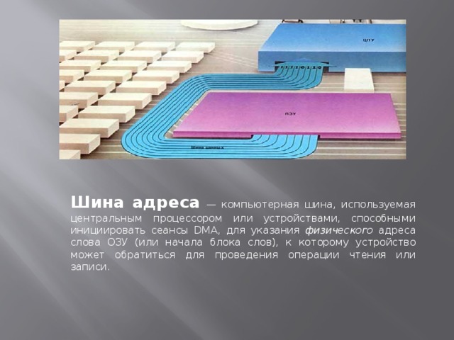 Шина адреса   — компьютерная шина, используемая центральным процессором или устройствами, способными инициировать сеансы DMA, для указания физического адреса слова ОЗУ (или начала блока слов), к которому устройство может обратиться для проведения операции чтения или записи. 