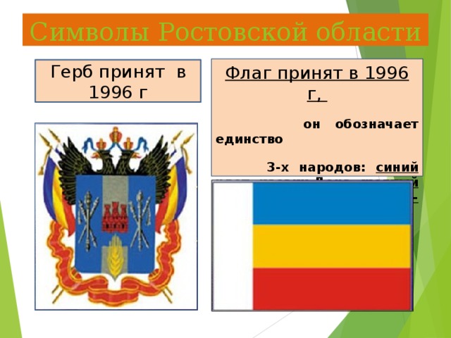 Символы Ростовской области Флаг принят в 1996 г,  он обозначает единство  3-х народов: синий цвет- казаки Дона, желтый – калмыки, красный цвет- русские. Герб принят в 1996 г  