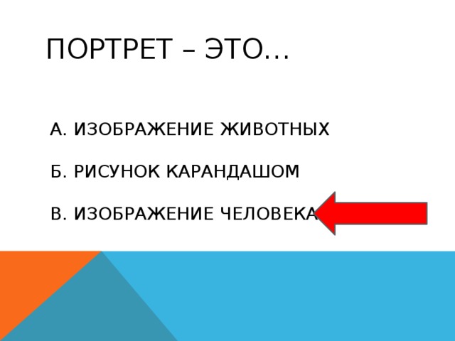 Портрет – это…   а. изображение животных б. рисунок карандашом в. изображение человека 