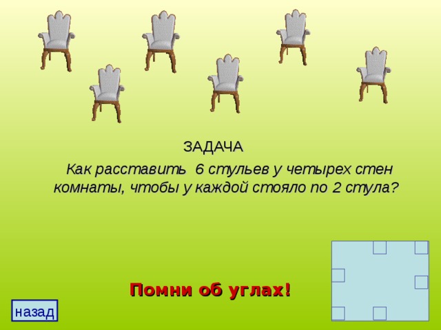 Ответ на загадку про два стула. Расстановка стульев задача. Задачи на расстановку стульев в прямоугольной комнате. Задача про стулья. Задача расстановка стульев у стен.