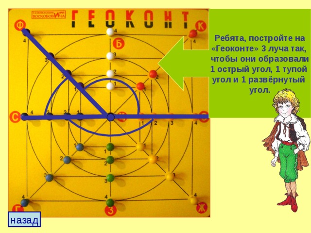 Ребята, постройте на «Геоконте» 3 луча так, чтобы они образовали 1 острый угол, 1 тупой угол и 1 развёрнутый угол. назад 