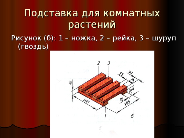 Подставка для комнатных растений Рисунок (б): 1 – ножка, 2 – рейка, 3 – шуруп (гвоздь) 