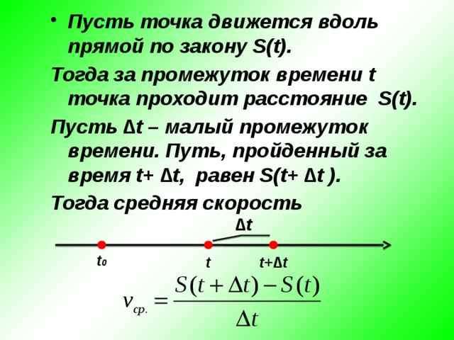 Пусть точка движется вдоль прямой по закону S(t). Тогда за промежуток времени t точка проходит расстояние S(t). Пусть ∆t – малый промежуток времени. Путь, пройденный за время t+ ∆t, равен S(t+ ∆t ). Тогда средняя скорость   ∆ t t 0 t t+∆t 