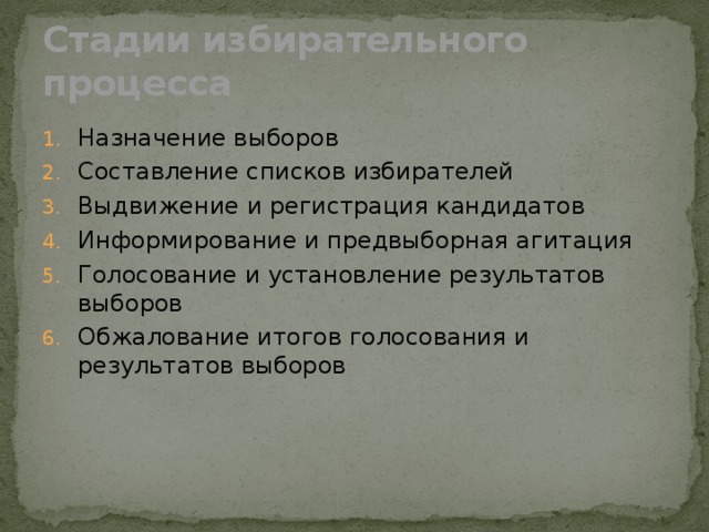 Стадии избирательного процесса Назначение выборов Составление списков избирателей Выдвижение и регистрация кандидатов Информирование и предвыборная агитация Голосование и установление результатов выборов Обжалование итогов голосования и результатов выборов 