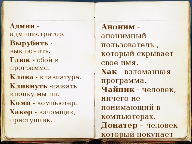 Аноним - анонимный пользователь , который скрывает свое имя. Админ  - администратор. Хак  - взломанная программа. Вырубить  - выключить. Чайник  - человек, ничего не понимающий в компьютерах. Глюк  - сбой в программе. Донатер – человек который покупает игровую валюту за реальные деньги. Клава  - клавиатура. Кликнуть  -нажать кнопку мыши. Комп  - компьютер. Хакер  - взломщик, преступник.  